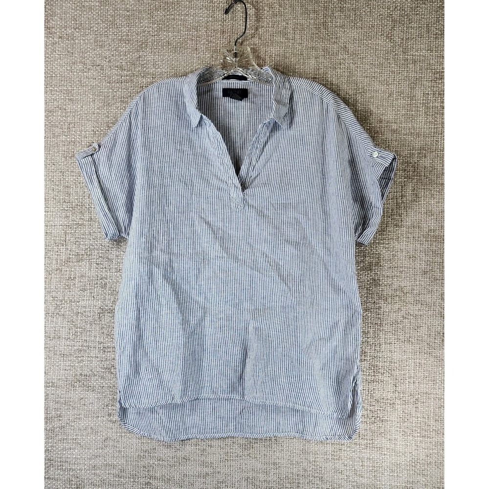 Rachel Roy 100% Linen Striped Short Sleeve Popover Top Womens M Blue White Shirt